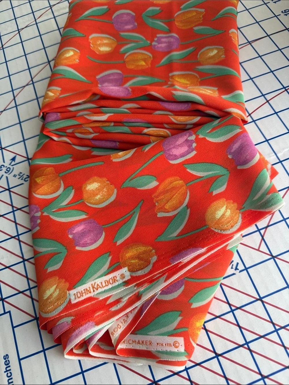 Vintage John Kaldor Fabric 3 Yds Tulip Floral Orange/Red Crepe Semi Sheer 44”